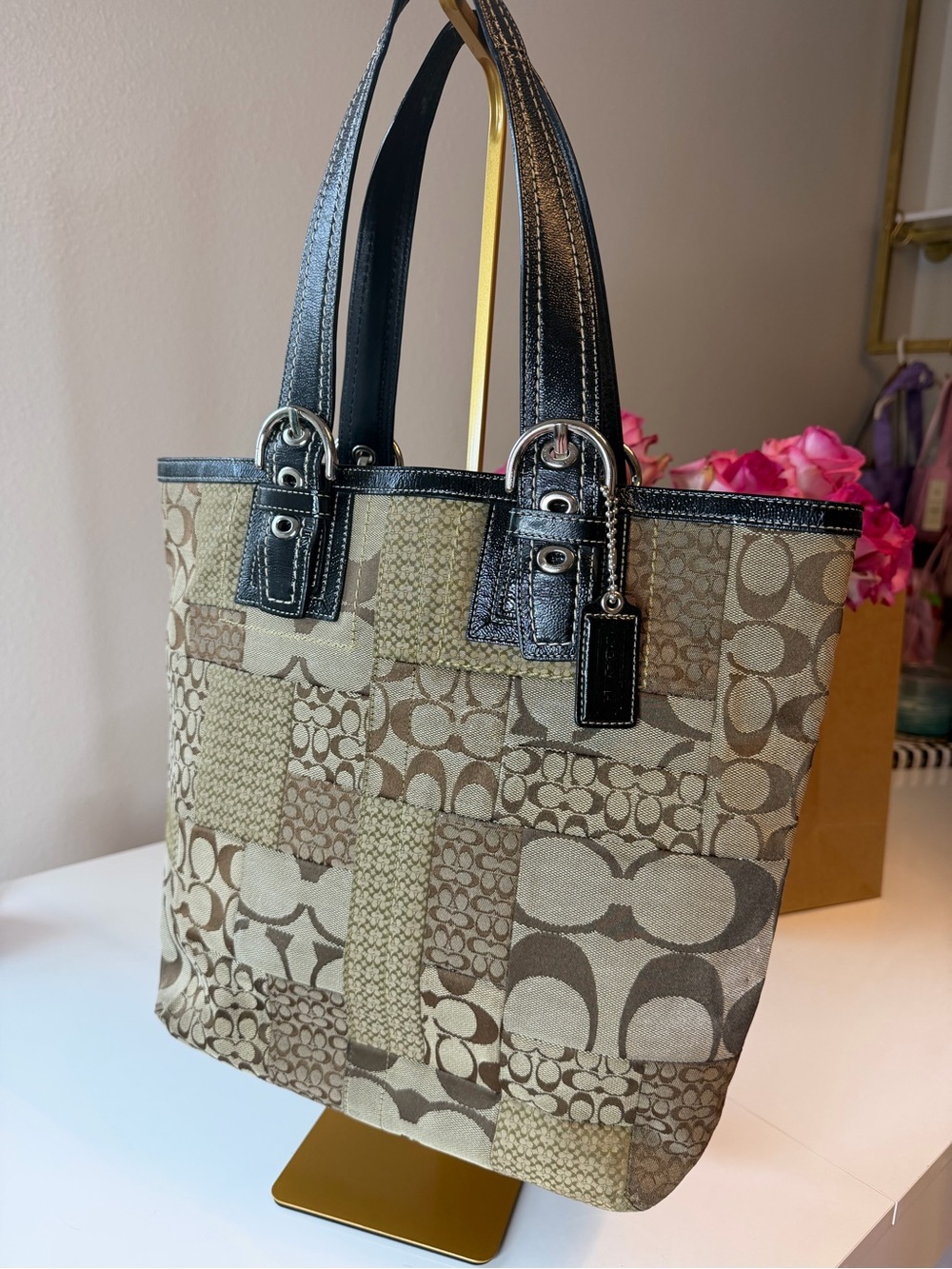 Vintage Y2K Coach Soho Signature Patchwork Tote F12318 Brown Khaki handbag purse - Picture 5 of 8